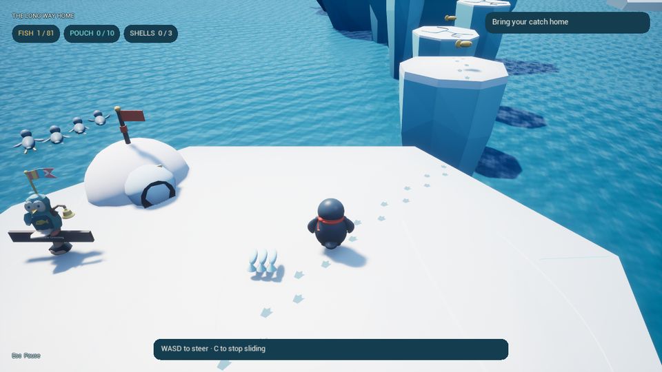 In-game screenshot of Pengi sliding across the ice toward an igloo