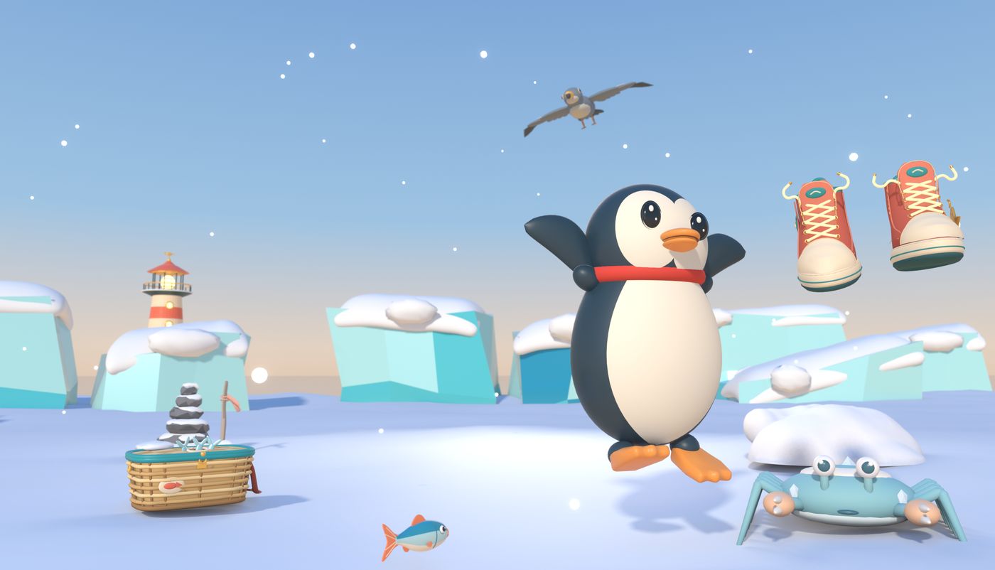 Pengi the penguin with Lacey, a pair of talking canvas high-tops, on the Antarctic ice